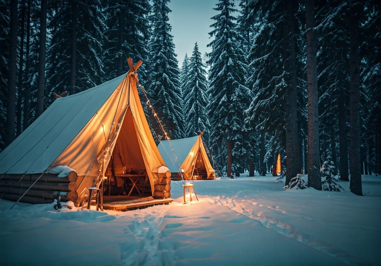 Ethereal Winter Campsite Captured in Cinematic Film Style