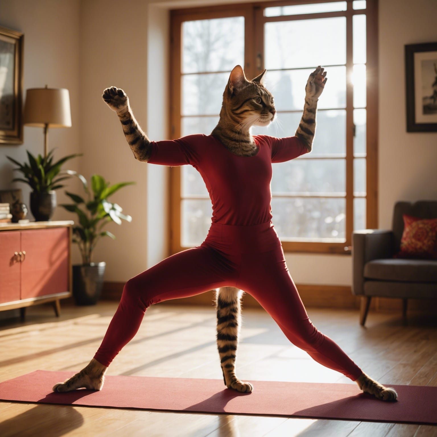 Elegant Yoga Cat in Crimson Attire