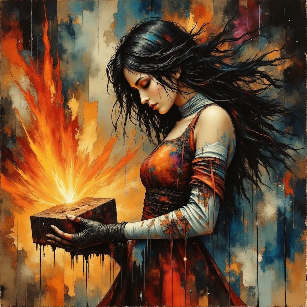 Surreal Woman Holding Hot Brick in Abstract Style