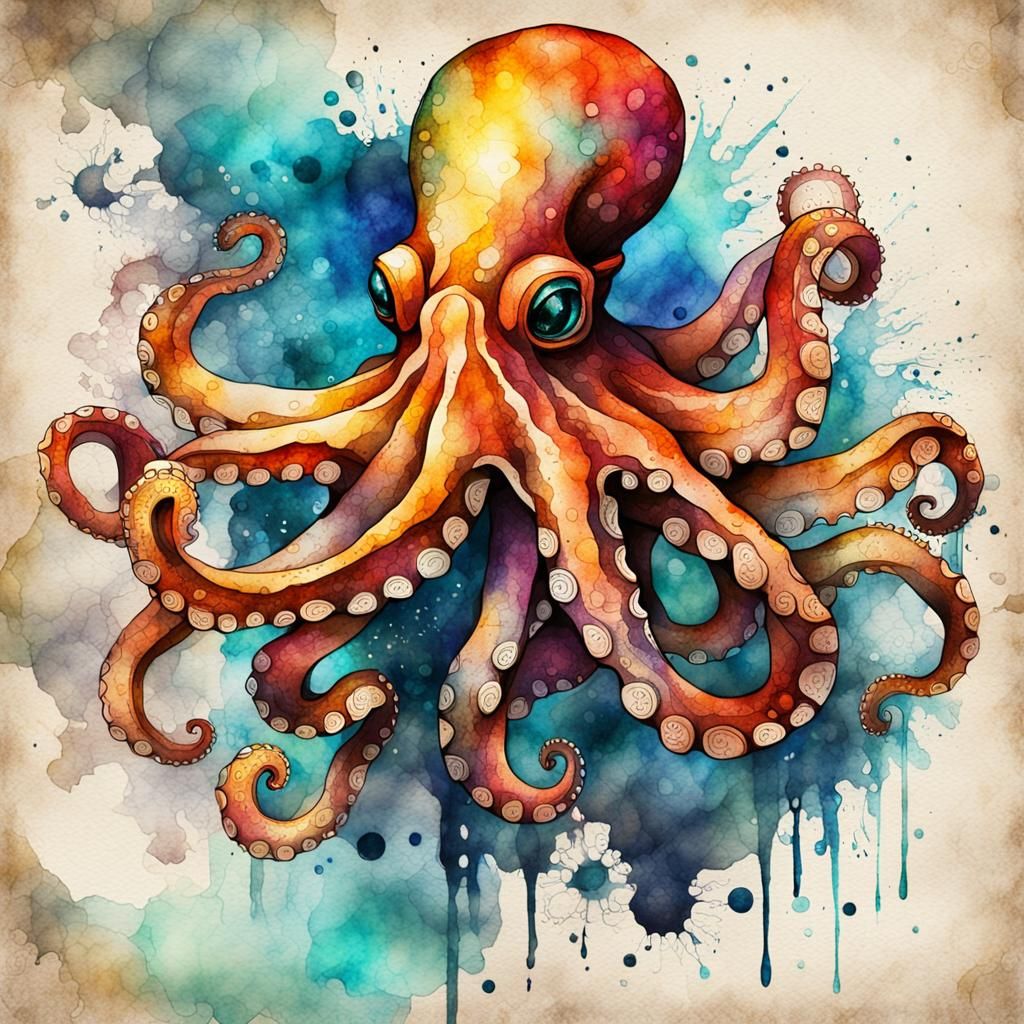 Steampunk Octopus in Watercolor Ink Painting