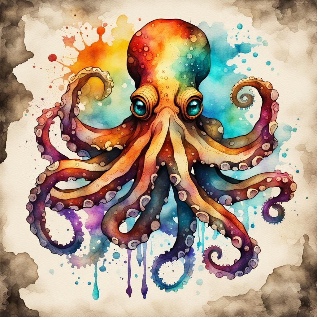 Steampunk Octopus in Watercolor Ink Painting