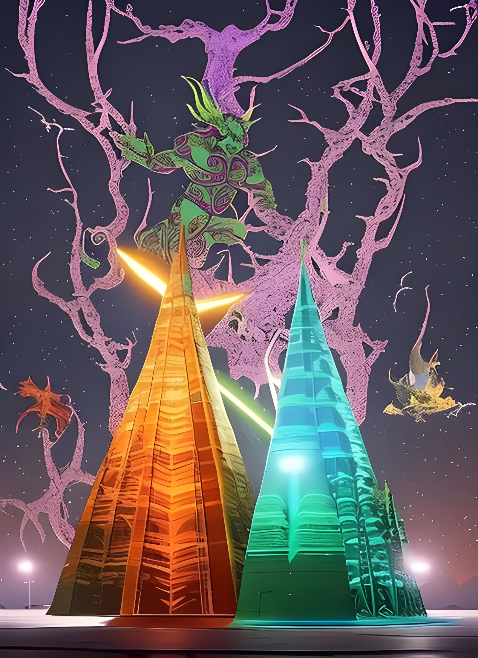 Futuristic Cityscape with Bizarre Creatures: Digital Paintin...
