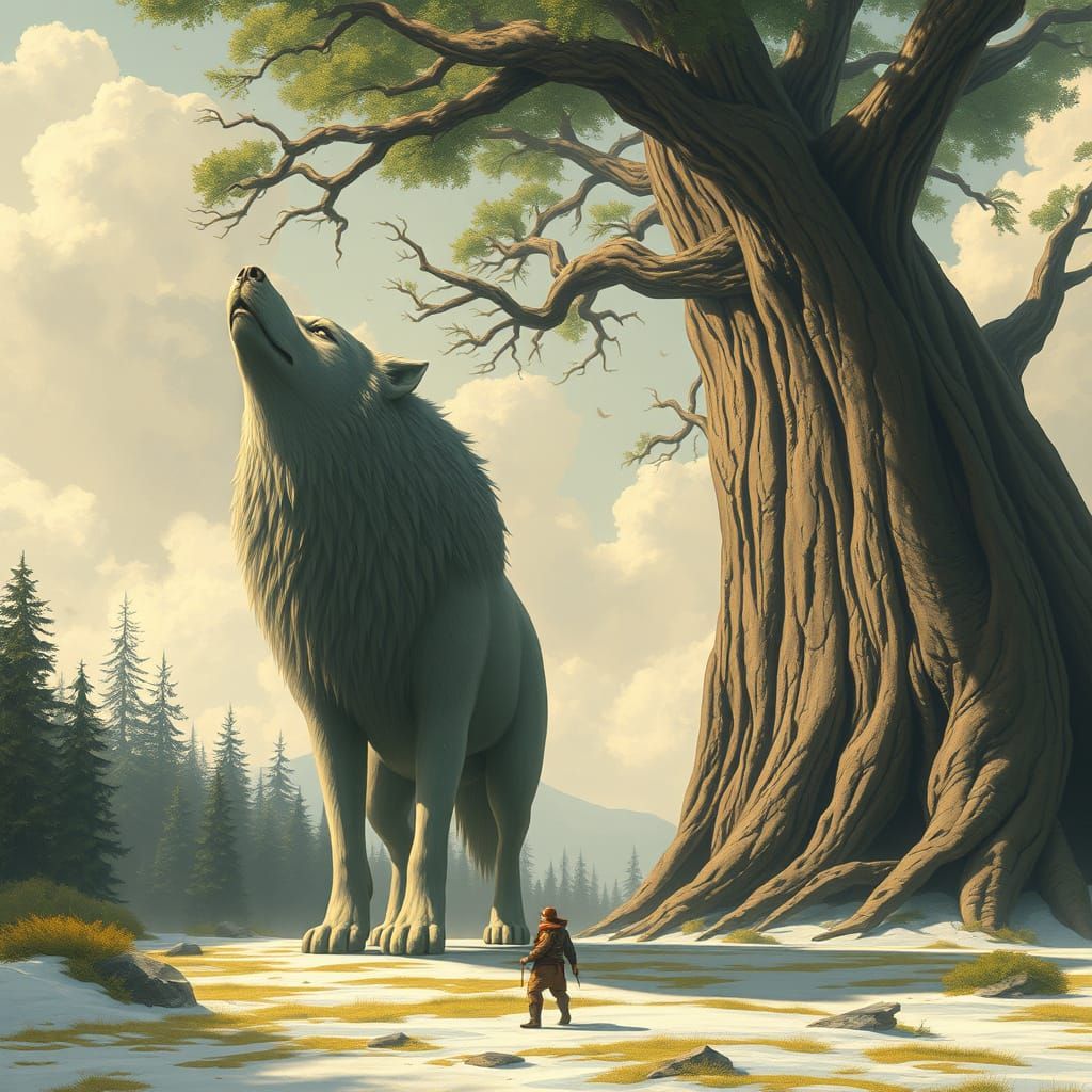 Giant Wolf Beside Colossal Tree
