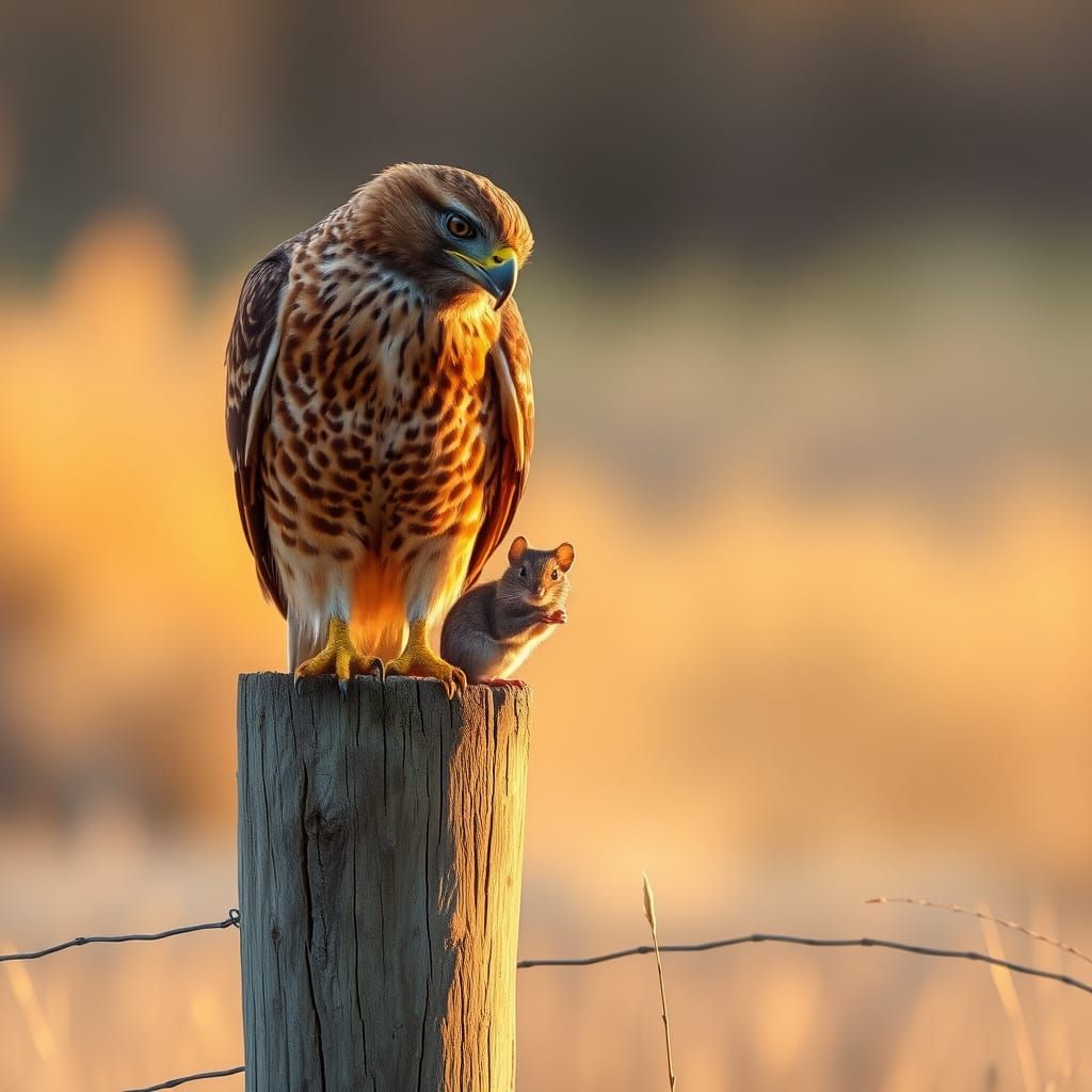 Hawk and Mouse Together on Fence Post at Sunset