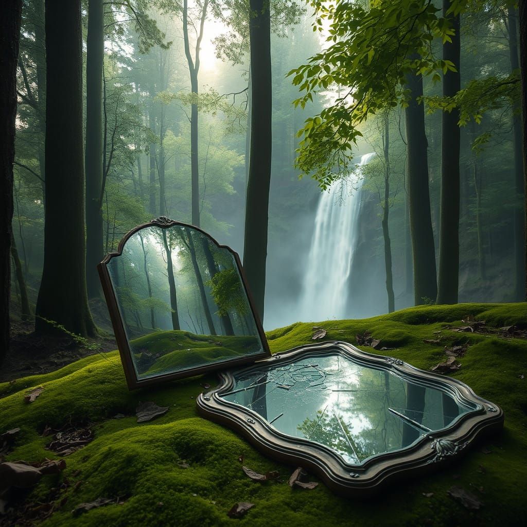 Shattered Mirror Reflects Mystical Forest Landscape