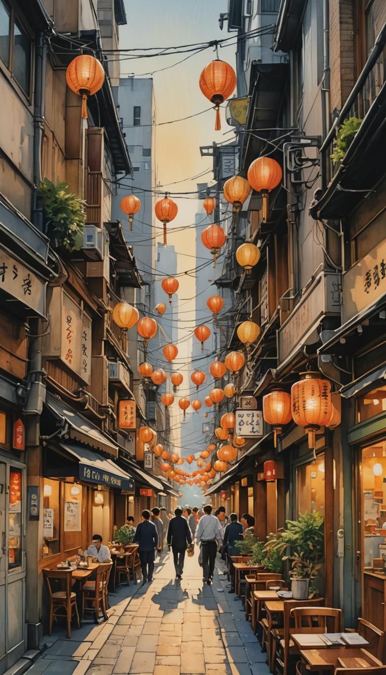 Tokyo Cafe Street Scene in Watercolor Style