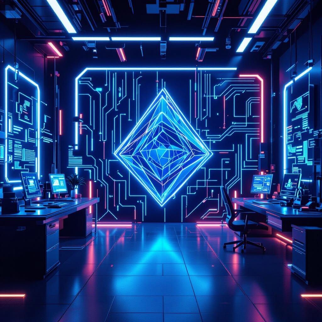 Futuristic Workspace with Neon Geometric Art
