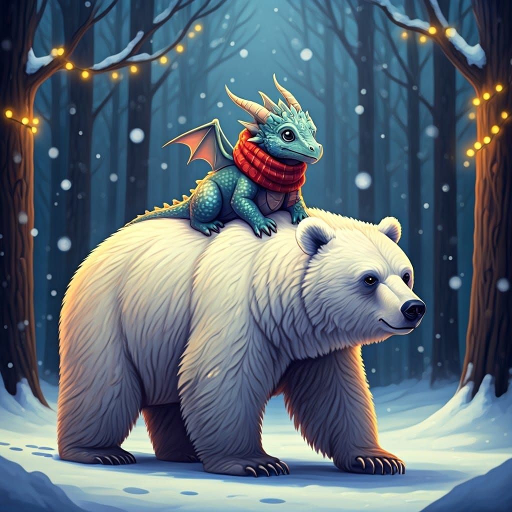 Fantasy Christmas Scene: Baby Dragon Rides Majestic White Be...