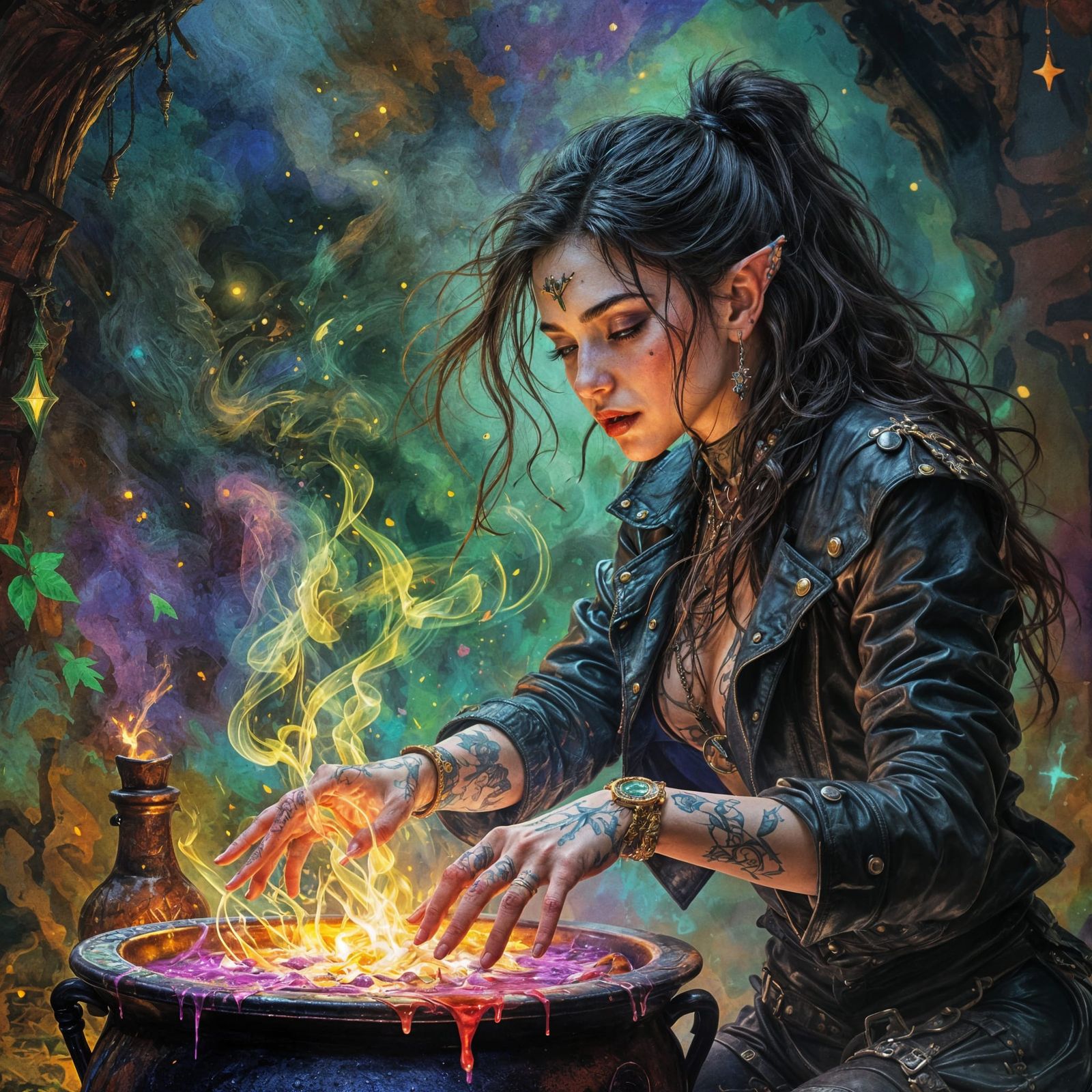 Vivid Fantasy Witch Mixes Potion in a Colorful Background