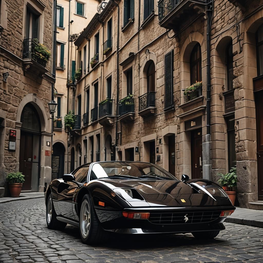 Vivid Black Ferrari on Cobblestone Street, Cinematic Still