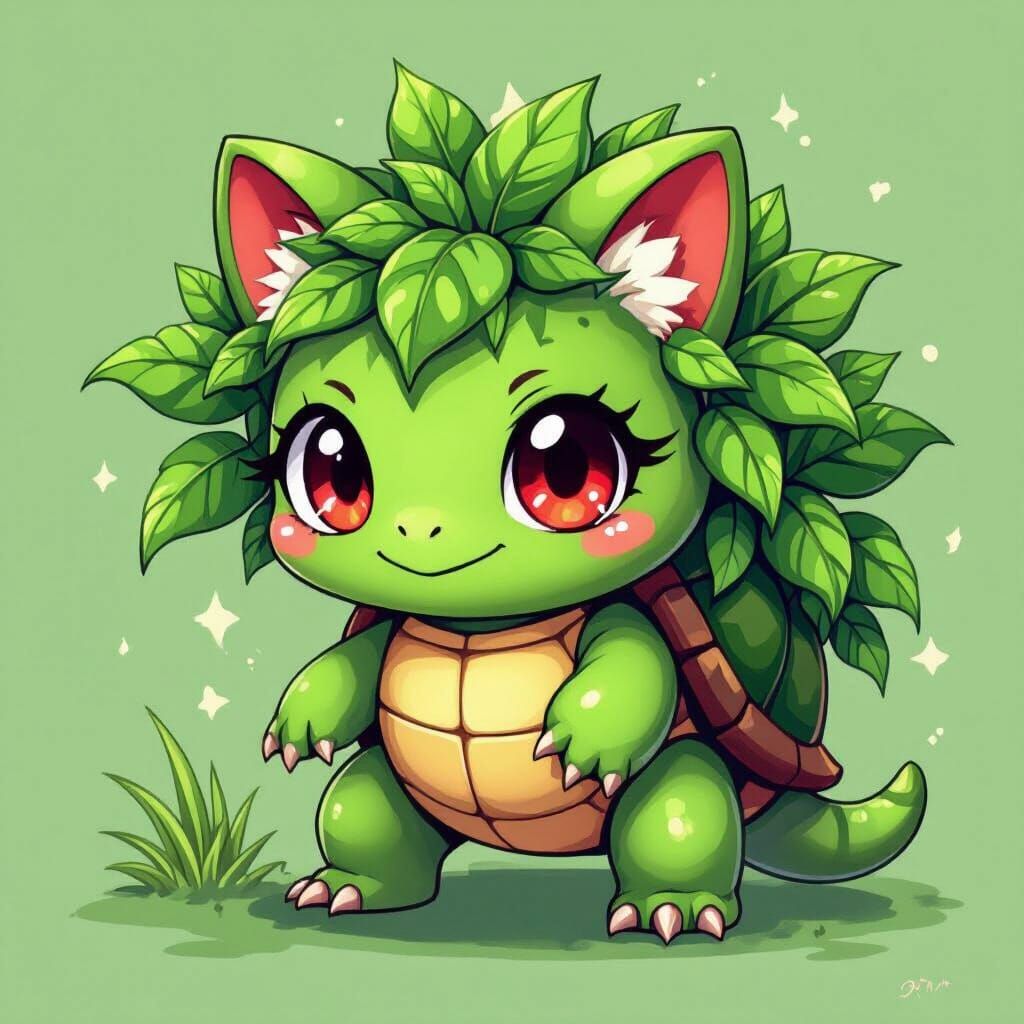 Chibi Turtle with Plant Shell in Pop Art Style