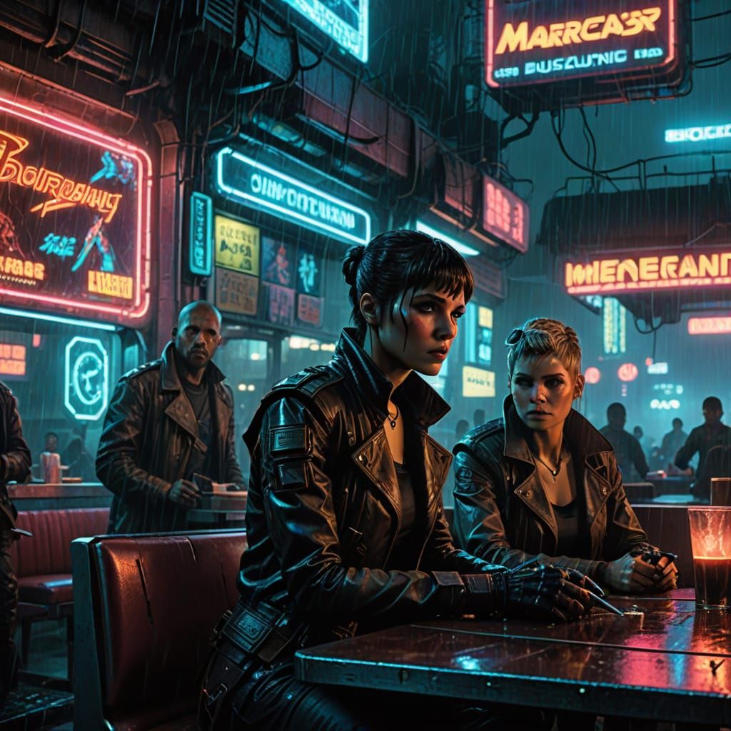 Gritty Comic Art Diner Scene with Mercenary and Android