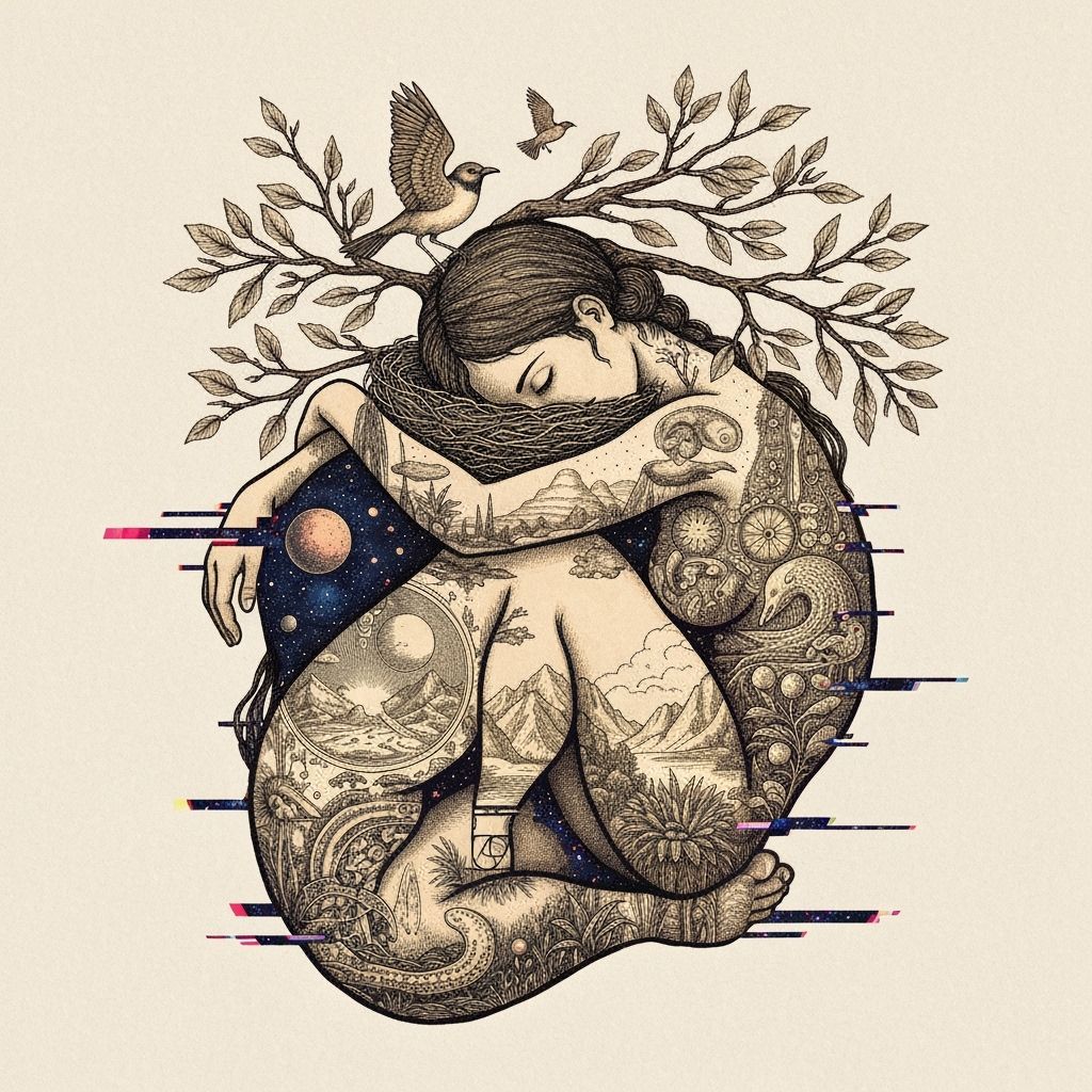 Surreal Woman Carrying Birds and Branches