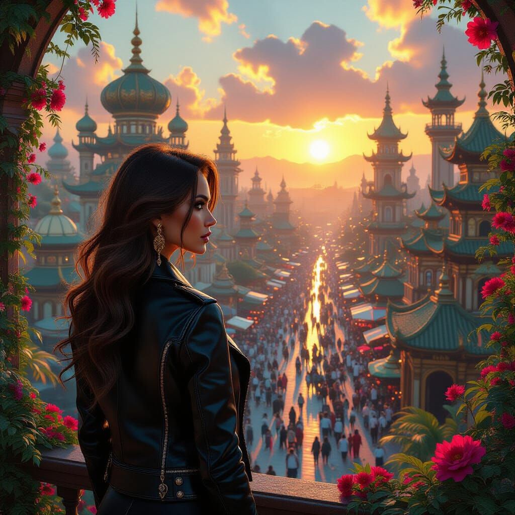 Woman in Leather Jacket Overlooking Fantastical Paradise