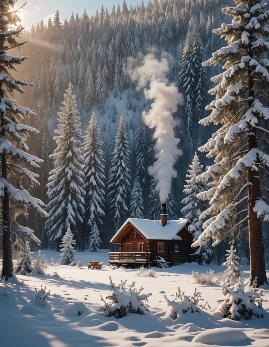 Serene Winter Cabin in Snowy Wilderness, Captured in 8K Cine...