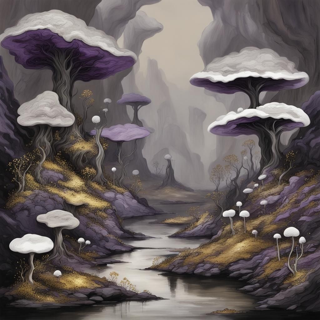Somber Fantasy Landscape with Fungal Growths