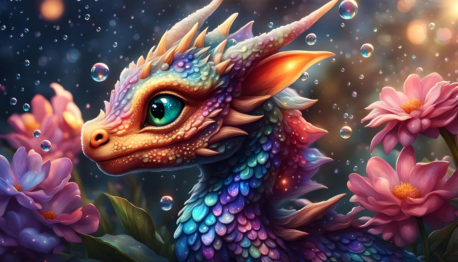 Iridescent Baby Dragon Playing in Flower Rain