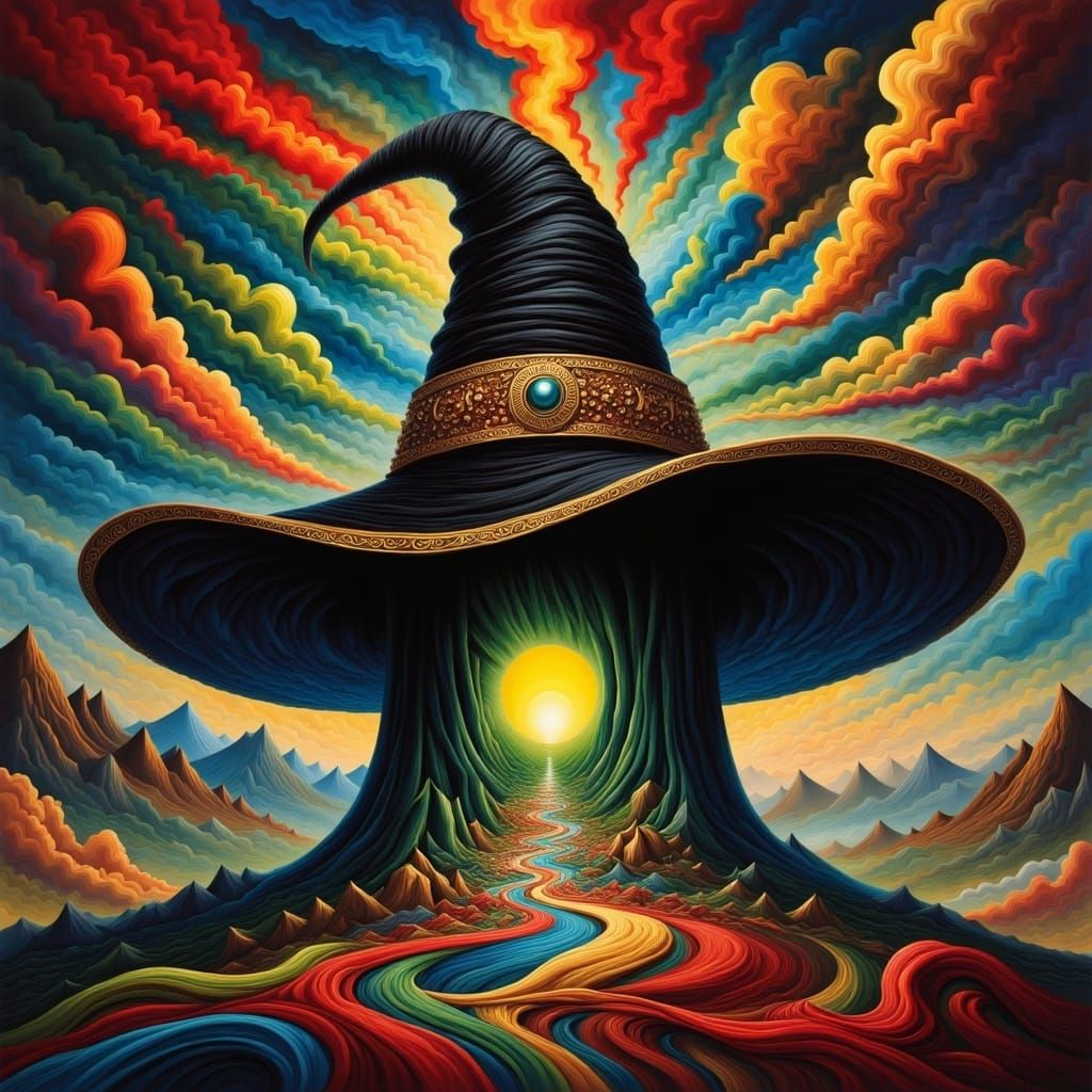 Mystical Witch Hat with Colored Strings in Cyberpunk Style