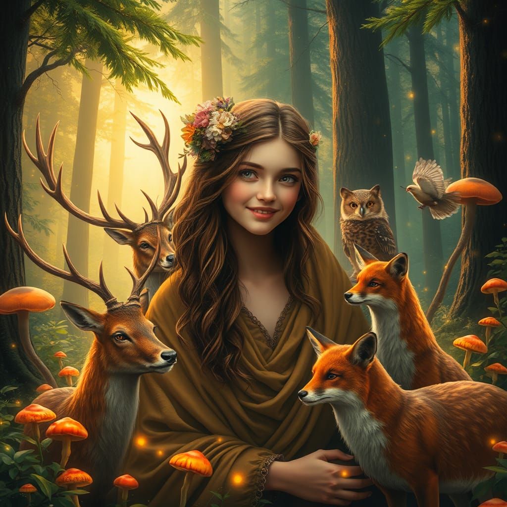 Enchanting Woman Conversing with Animals in Fantasy Forest