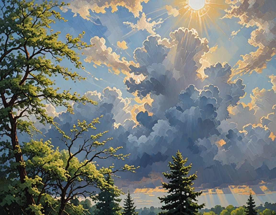 Luminous Impressionist Landscape with Trees and Clouds