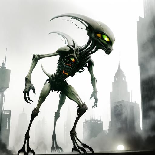 Alien Creature in Dystopian Cityscape: Double Exposure