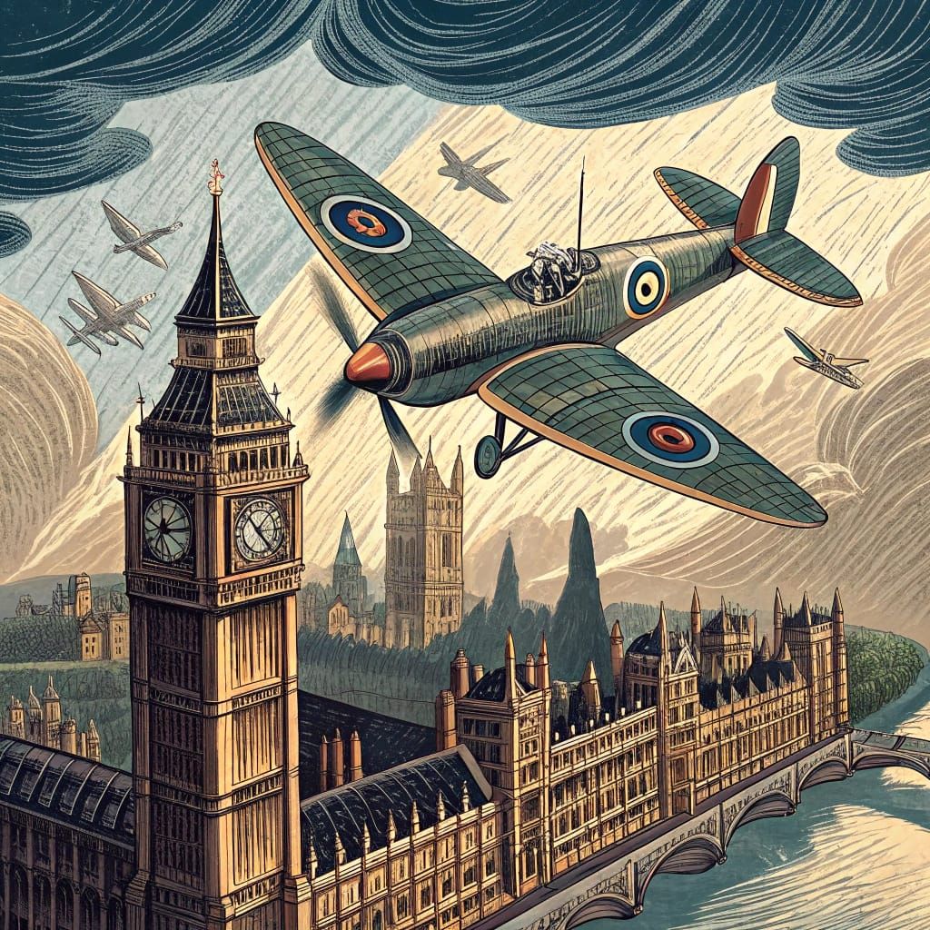 Vintage Spitfire Soars Over London in Woodcut Style
