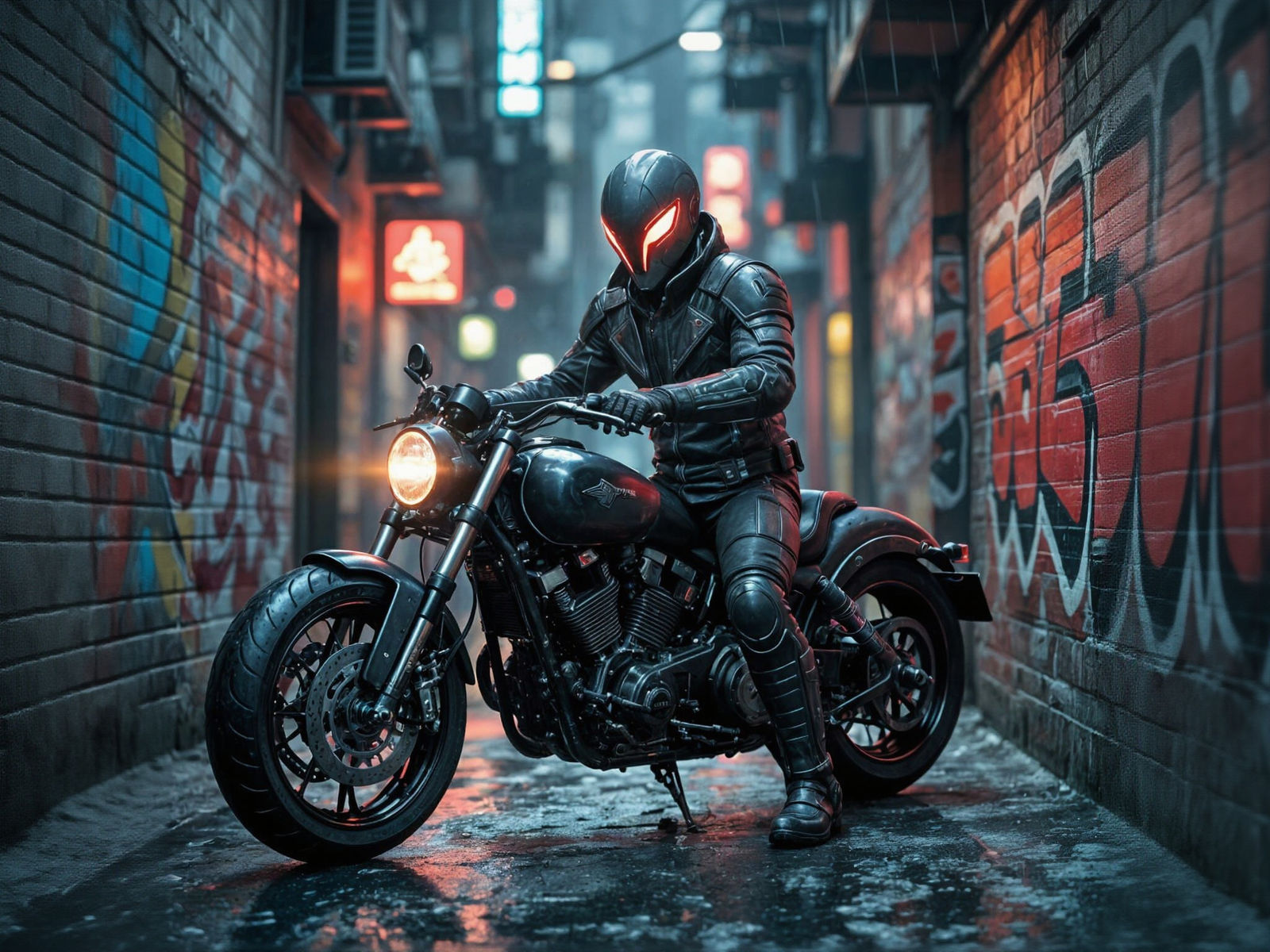 Cybernetic Alien Biker in Neon City Alleyway