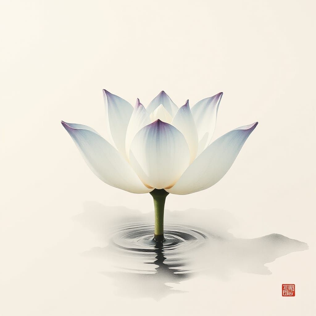 Ethereal Lotus Ascends Misty Waters in Minimalist Ink Wash