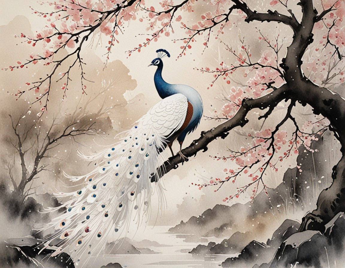Serenely Standing Peacock in Japanese Woodcut Style