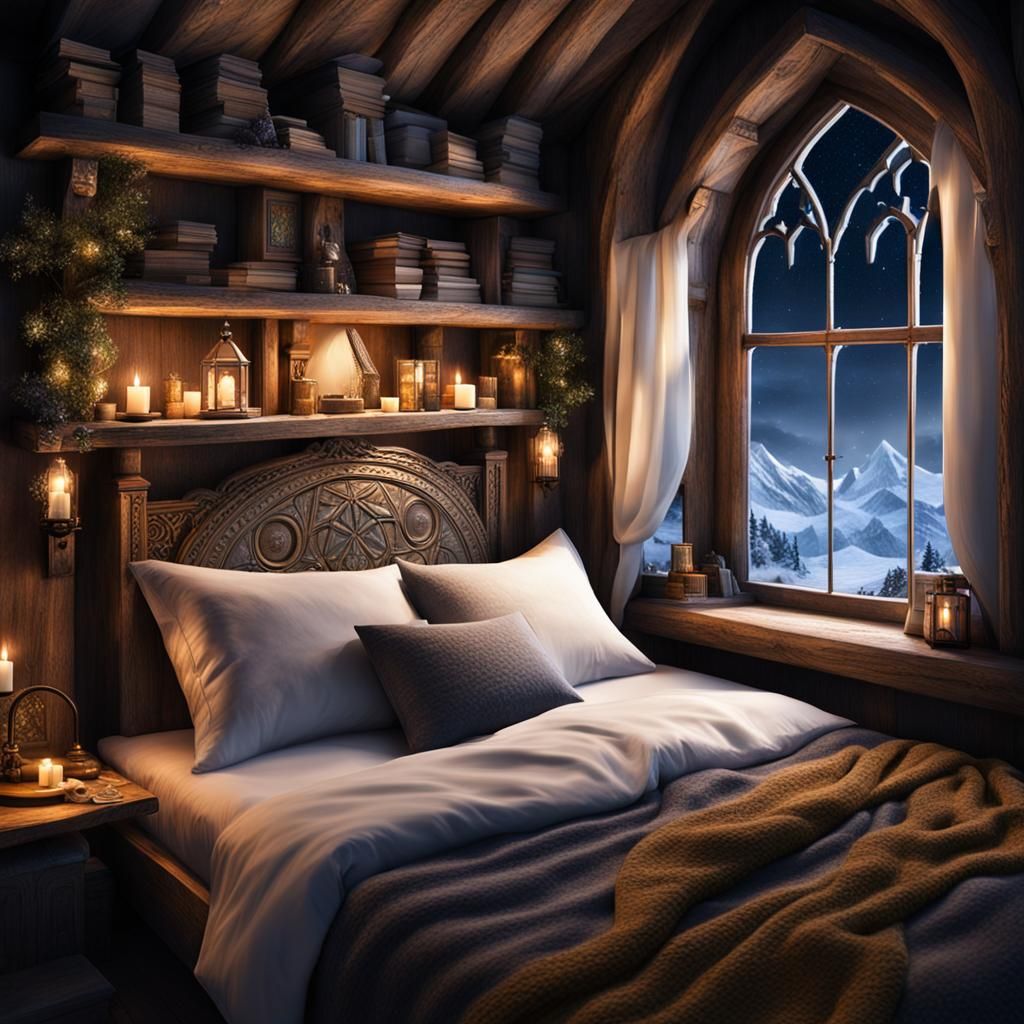 Cozy Medieval Bedroom with Snowy Night View