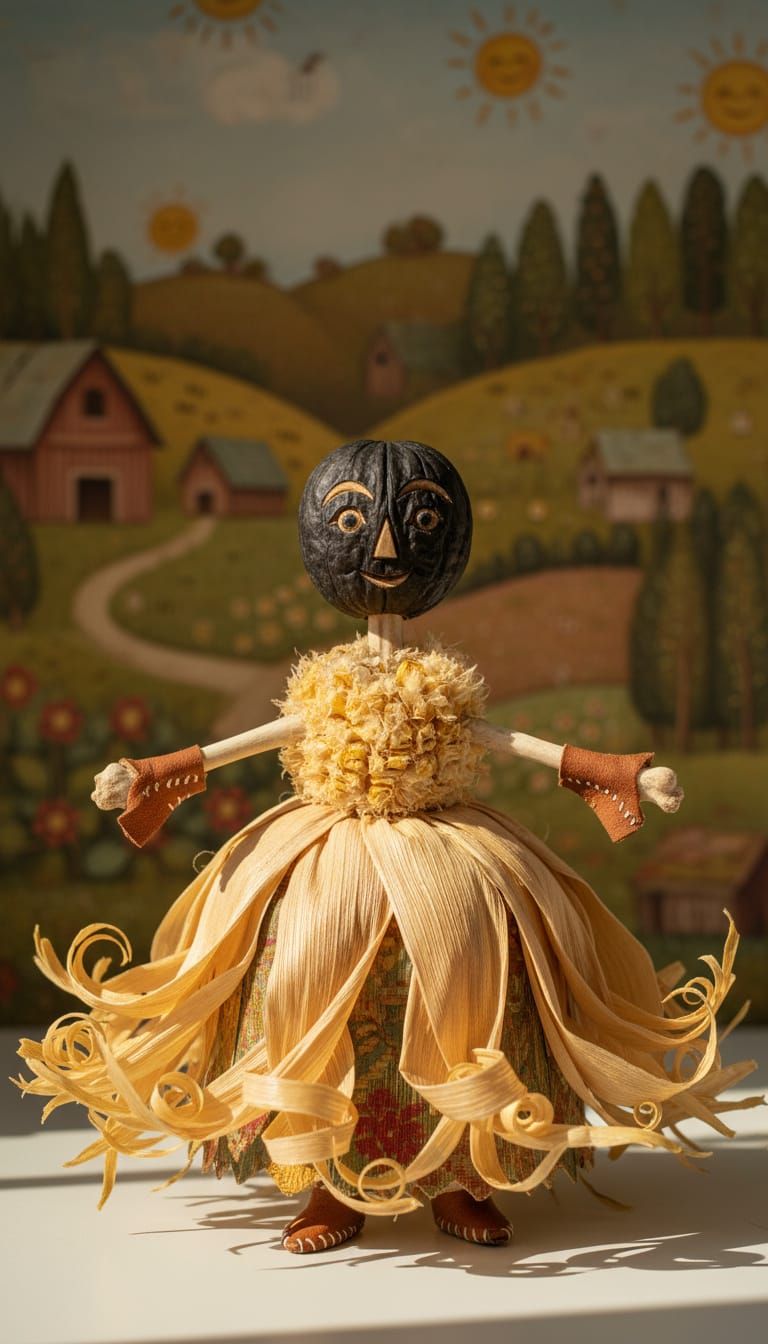 Whimsical Folk Art Corn Shuck Doll with Walnut Face