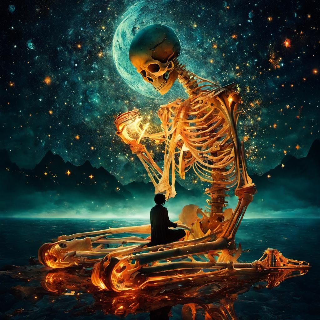 Starry Night Bones Collage: Macabre Surrealism