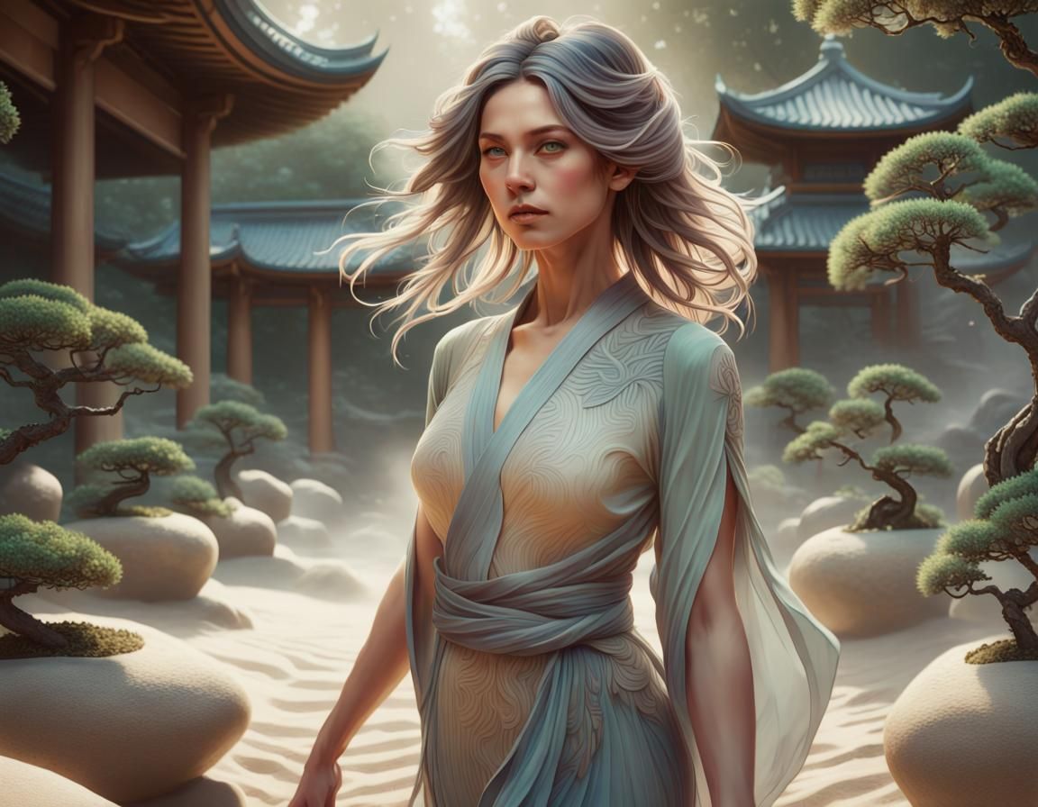 Serene Woman in Zen Garden: Digital Art Portrait