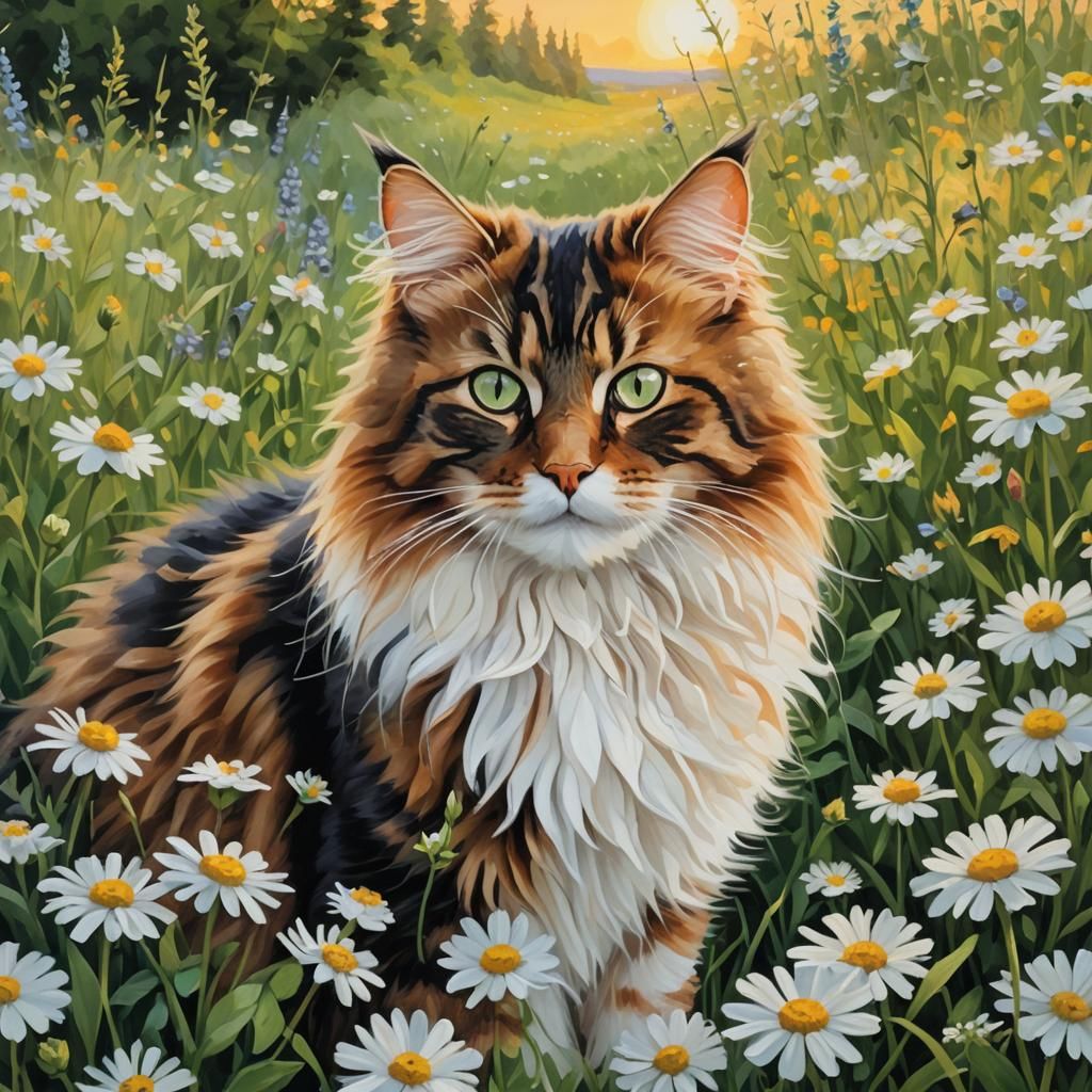 Norwegian Forest Cat in Impressionist Gouache Painting