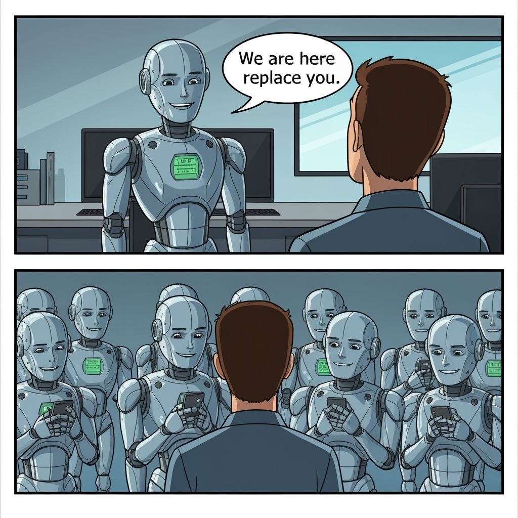 AI Cartoon: Robots Speaking to Human, Then Distracted by Pho...