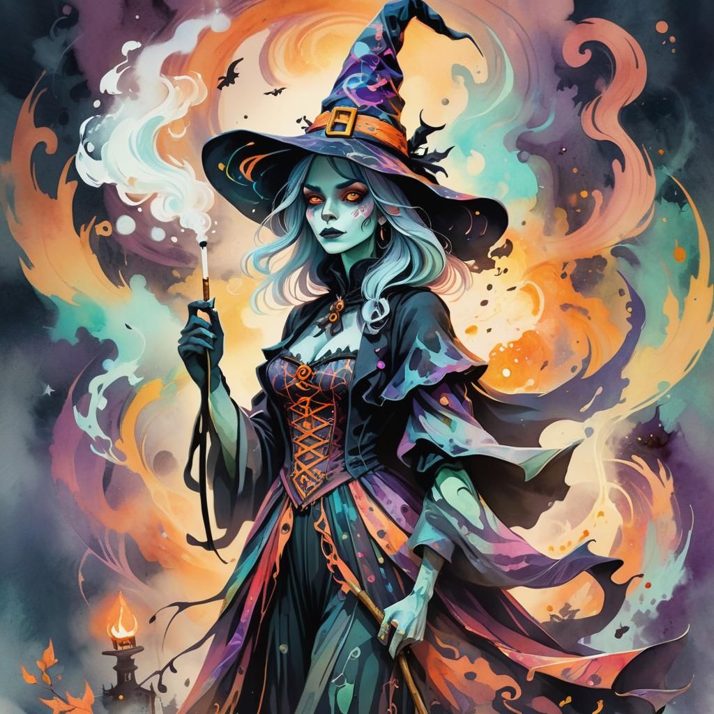 Pretty Witch in Halloween Watercolor Fantasy Art