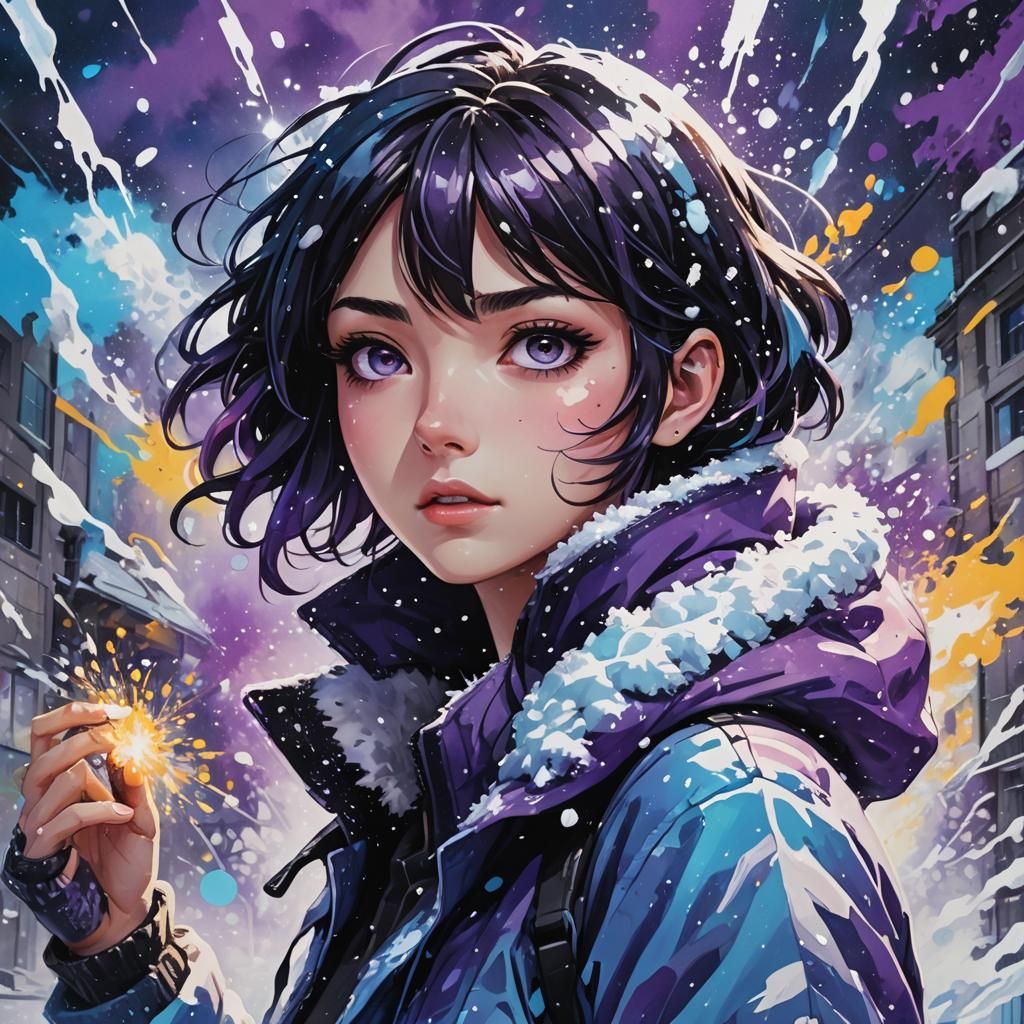 Vibrant Snow Magic Scene in Anime Graffiti Style