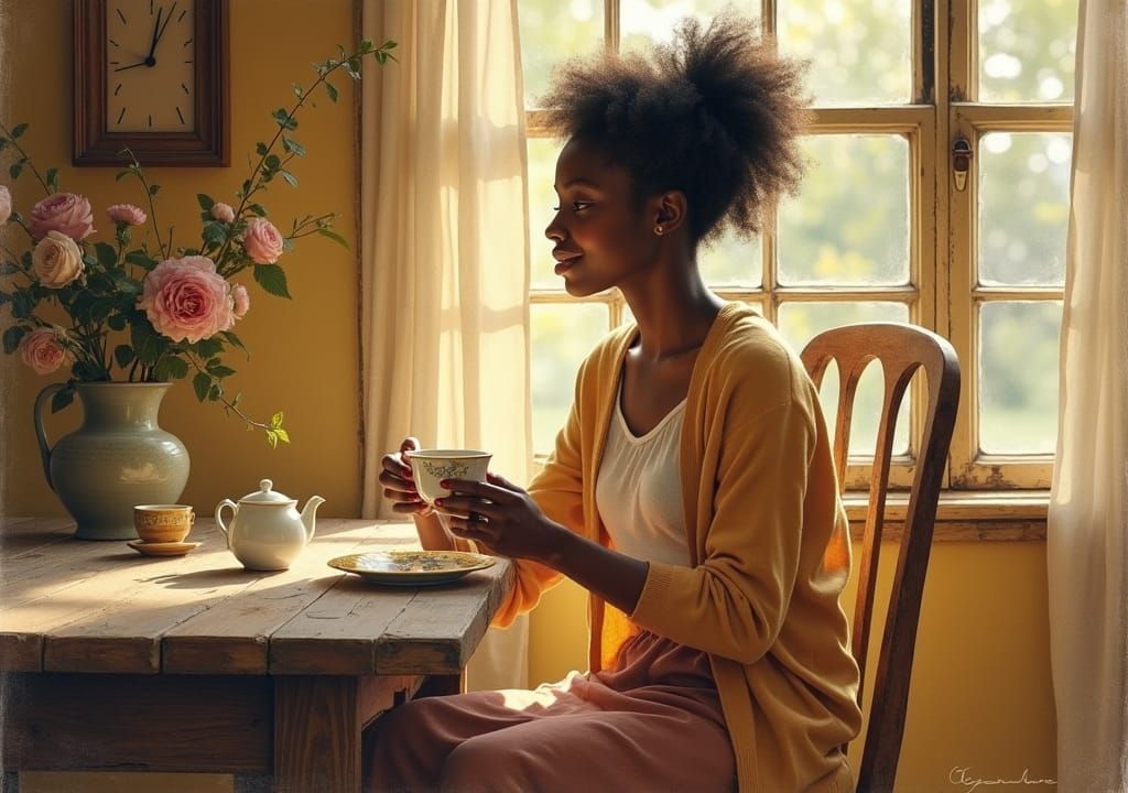 Black Woman Enjoying Tea in Regionalist Style