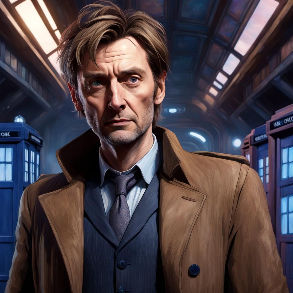 Doctor Who Portrait with TARDIS, Hyperdetailed Concept Art