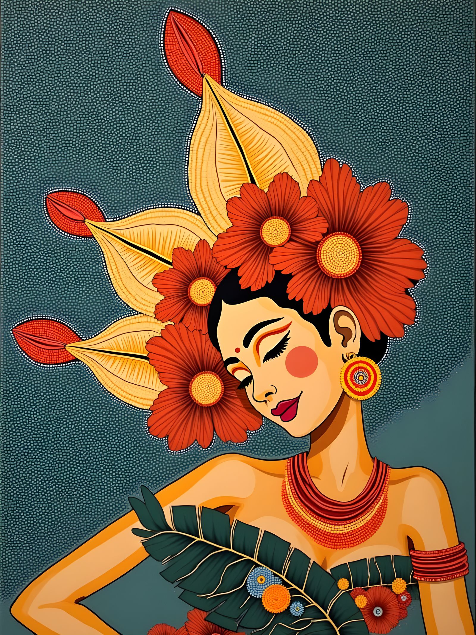 Balinese Dancer in Naive Style with Poinciana Flowers