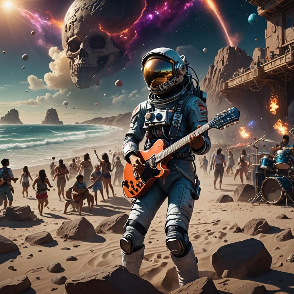 Astronaut Rock Concert on Beach: Detailed Matte Painting