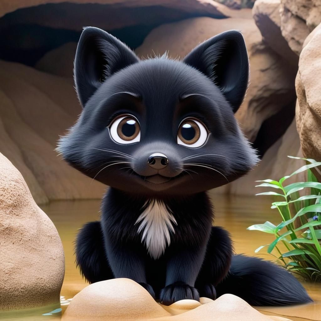 Adorable Black Fox in Cave by Clear Water