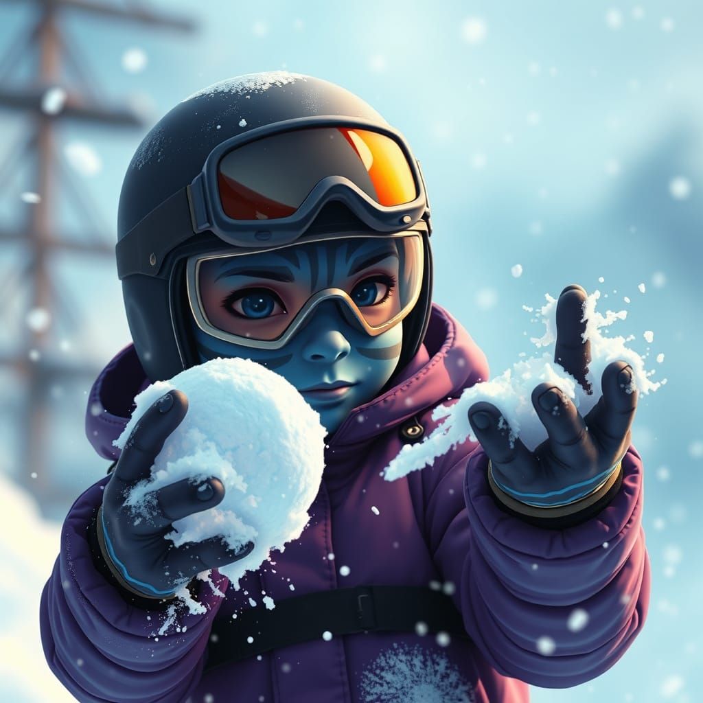Blue Skinned Man Spinning Snowball in Manga Style