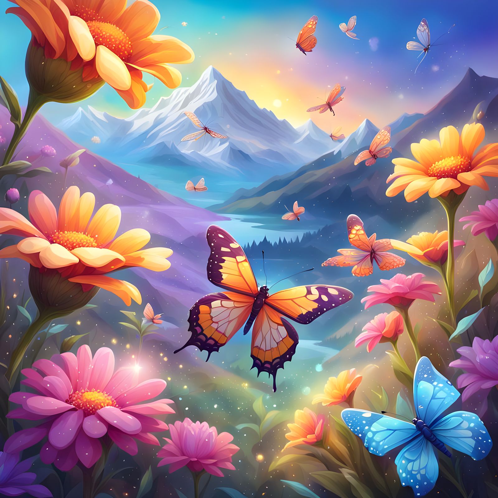 Magical Garden with Butterflies and Snow Mountains