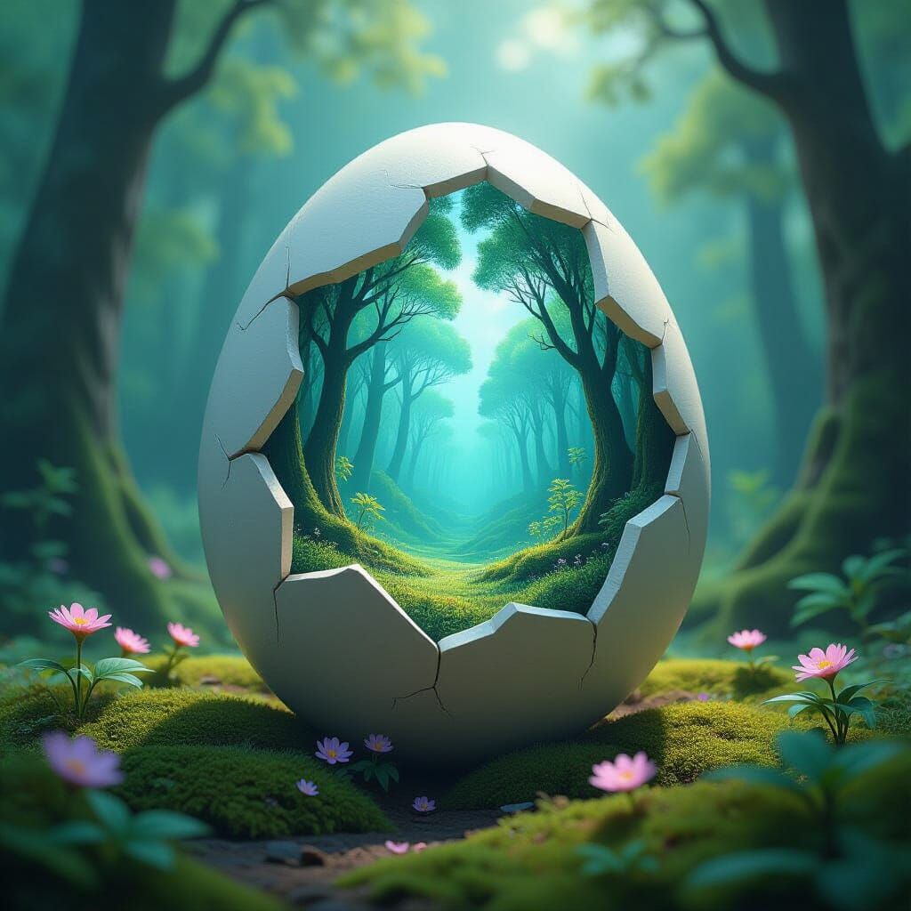 Bioluminescent Forest Inside Cracked Eggshell, Surreal Image