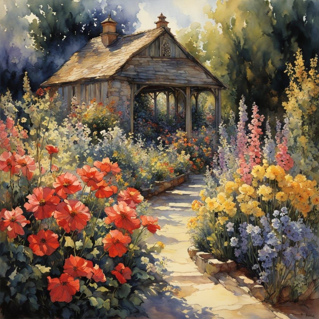 Whimsical Garden Scene in Chiaroscuro Style