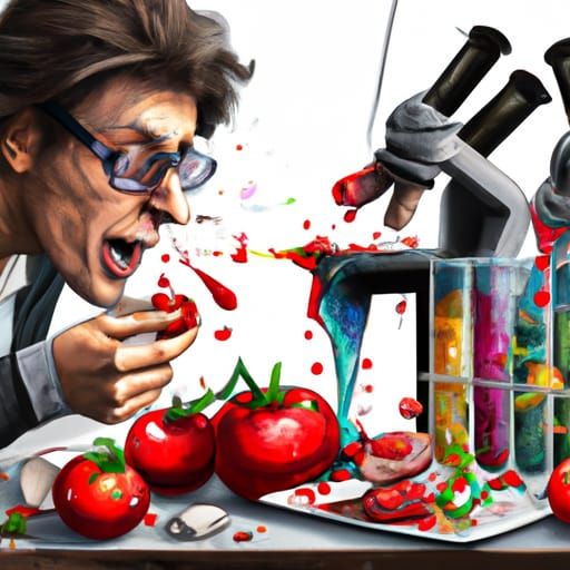 Hyperrealistic Scientist Examining Tomatoes in Chaotic Lab