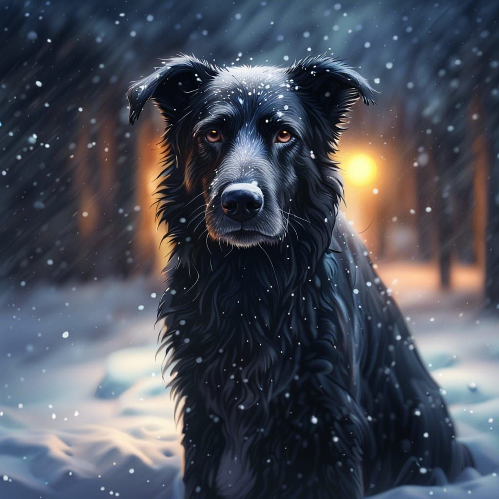 Old Black Dog in Falling Snow: Digital Painting