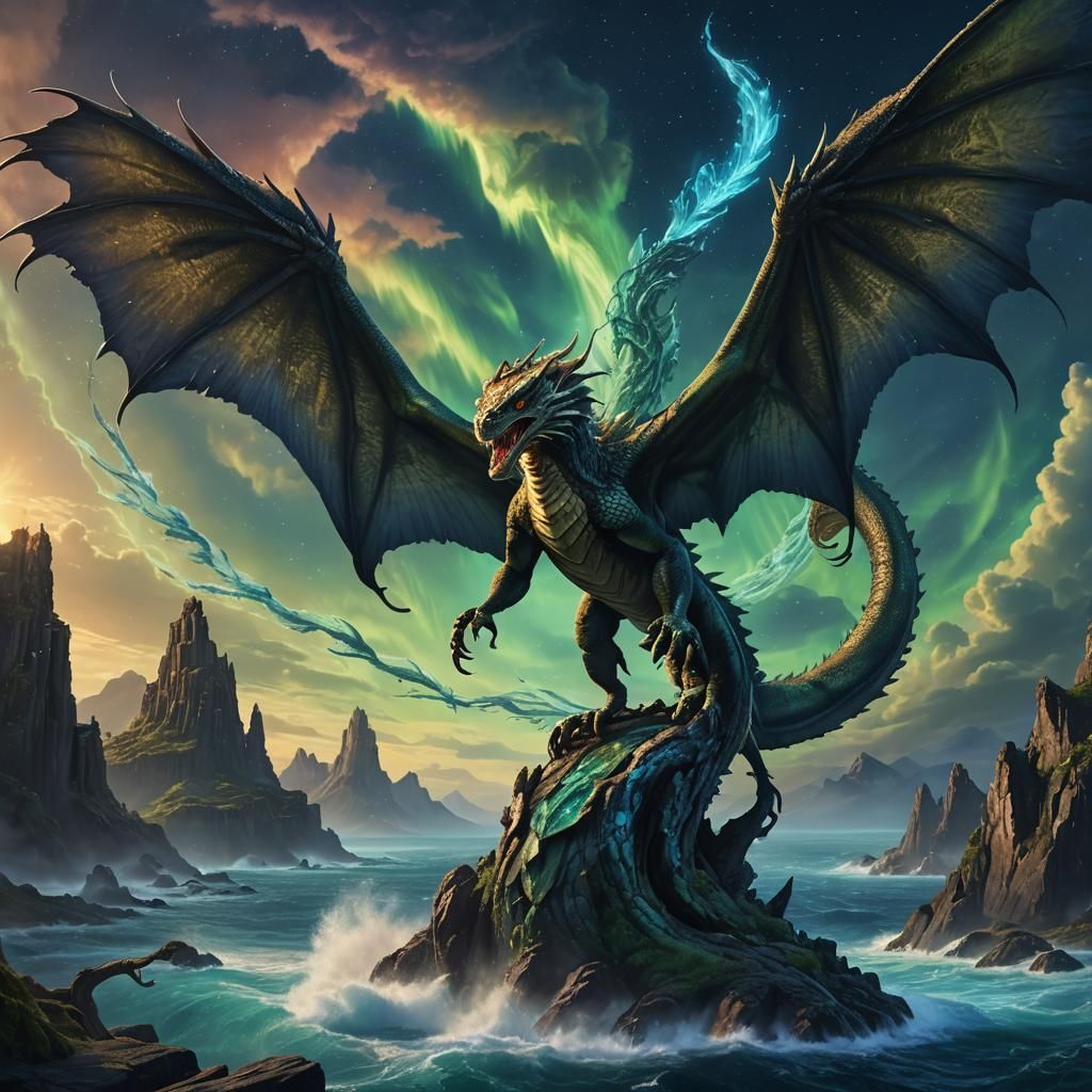 Giant Basilisk Flies Over Aurora Ocean