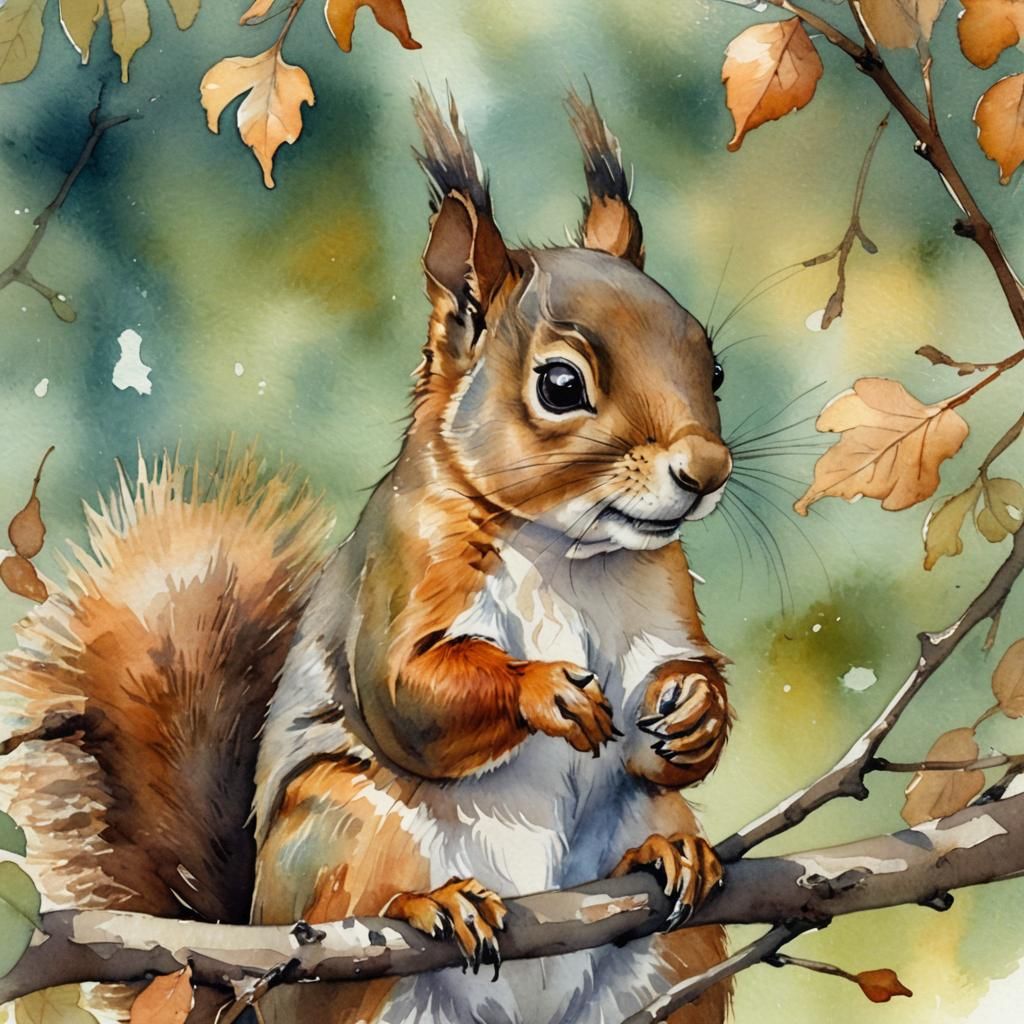 Squirrel Portrait in Watercolor Style